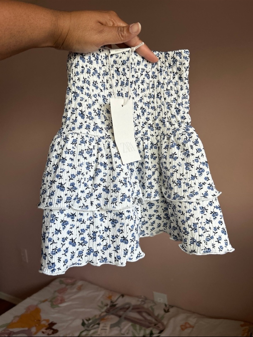 Zara White Mini Skirt with Blue Floral Print